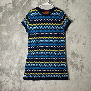 Missoni Chevron Knit Mini Dress Blue Yellow Zigzag Boho Coastal Size XL Retro